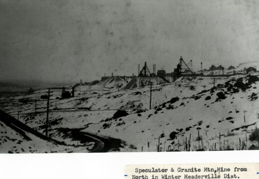 A view of the Speculator & Granite Mountain Mine, from the Black Rock. To the left is the Tuolumne Mine. Circa 1910