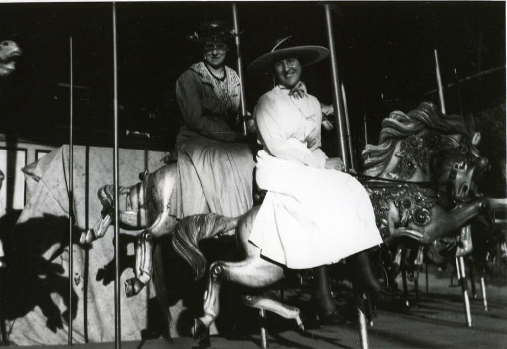 Columbia Gardens - Ladies on the Merry-Go-Round, Bessie Hoar Blackler in back with the black hat, Butte, MTCirca 1900