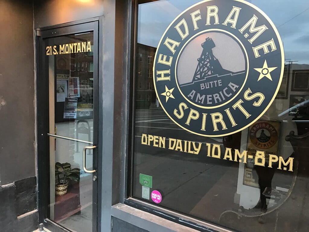 Storefront of Headframe Spirits in Butte Mt